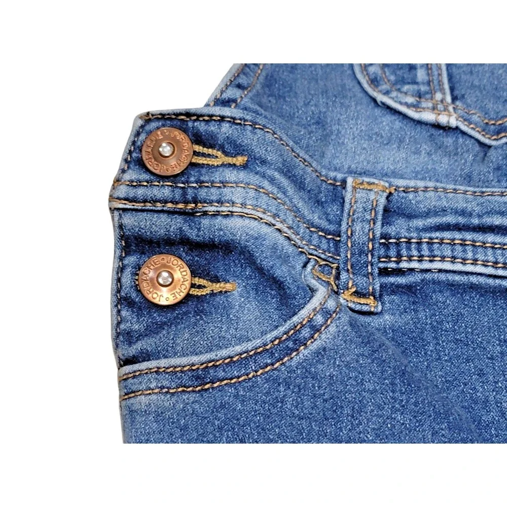 Jordache Girls 2T‎ Denim Bib Overalls Shorts Blue Jeans Rhinestone Buttons EUC